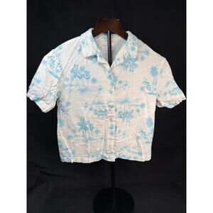 GB Girls Shirt‎ Womens Medium Blue White Palm Tree Button Up Linen Rayon Beach